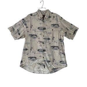 WOOLRICH Mens Large Fishing Shirt Tan Fish Print Cotton Outdoor Camp Button Up
